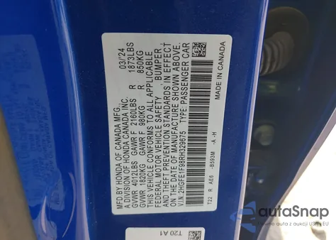 2024 Honda Civic Touring from USA, damaged, VIN 2HGFE1F98RH329675